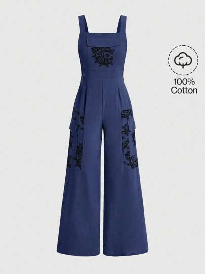 Hippie Women's Floral Print Cargo Pocket Pleated Wide Leg Jumpsuit