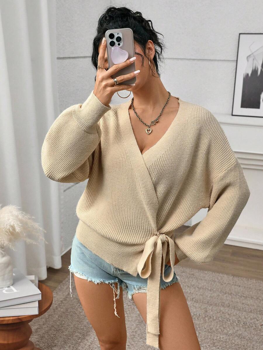 INAWLY Women's Fashion Wrap Tie Long Sleeve Cardigan - Apricot - View 1