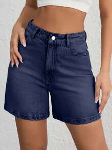 EURMUSE WOMEN VINTAGE WASH HIGH WAIST DENIM SHORT Y2K STYLE - Dark Wash - View 1