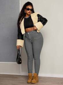 EURMUSE Plus Size Elastic Jeans With Symmetrical Split Design, Skinny Fit - Grey - View 6