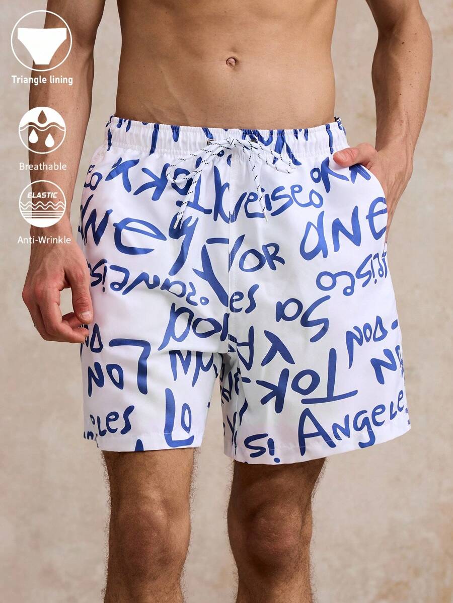 Surfspeed Men's Letter Print Drawstring Waist Pocket Beach Shorts - Multicolor - View 1