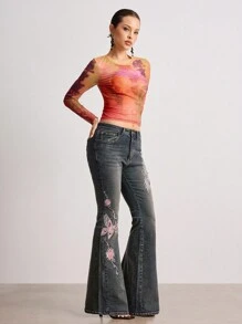 ROMWE Goth Vintage Y2K Schmetterling & Rose Jacquard bestickte Damen Skinny Flared Jeans mit niedriger Taille