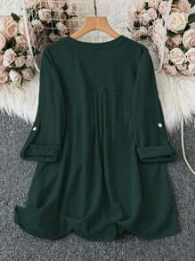 EMERY ROSE Blusa elegante de talla grande para mujer, de manga enrollada y cuello en V, de unicolor, para primavera y otoño - Verde Oscuro - Ver 2