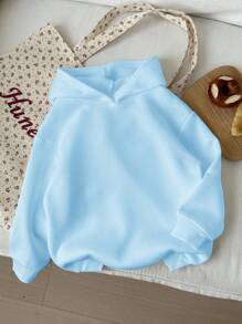 SHEIN 秋冬季青少年女孩休闲长袖连帽厚款运动衫 - 淺藍色 - 查看 3