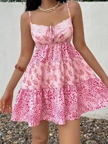 Flirla Women's Holiday Casual Leopard Print Patchwork Floral Mini Dress, Contrast Color Spaghetti Strap - Pink - View 6