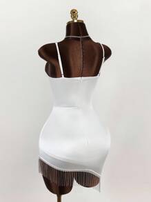 Y2K Amplova Elegant Women's Sexy Rhinestone Tassel Hem Spaghetti Strap Mini Dress, Summer White Fringe Dress White Cocktail Dress White Club Dress White Rhinestone Dress,, Ideal For Parties And Making A Statement. - White - View 8