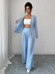 Elenzga 女士纯色单排扣长袖夹克和阔腿裤休闲两件套 - 藍色 - 查看 5