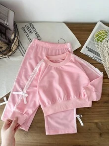 SHEIN 女婴幼儿新生儿0-3岁休闲日常百搭运动蝴蝶结装饰粉色长袖卫衣和裤子套装，秋冬 - 粉色 - 查看 8