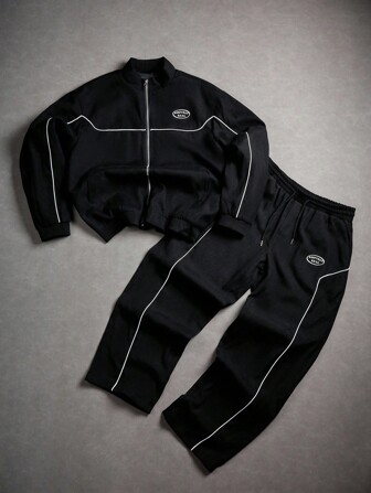  Aesthetic Post--2pcs Men's Side Stripe Letter Print Long Sleeve Jacket And Drawstring Waist Pants Casual Suit,Fall Clothes