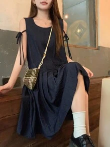 DAZY 女士圆领蝴蝶结腰部褶裥中长牛仔连衣裙 夏季女装连衣裙 - 藍色 - 查看 2