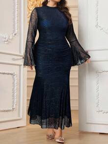 Modelyn Đầm dạ hội dài tay loe họa tiết jacquard trơn màu thanh lịch cỡ lớn cho nữ - Màu xanh lam - Xem 6