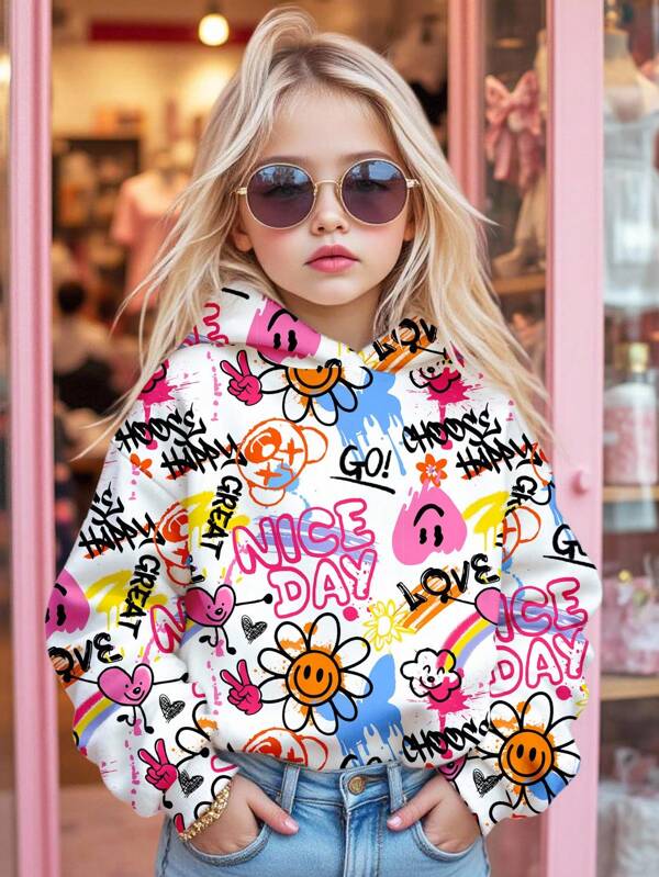 SHEIN Sudadera de manga larga de punto cómoda de ajuste holgado con estampado de graffiti callejero, corazón, rostro, floral, eslogan arcoíris en estilo Y2K, adecuada para otoño/invierno, picnic al aire libre, estilo callejero, hogar, escuela, relajación