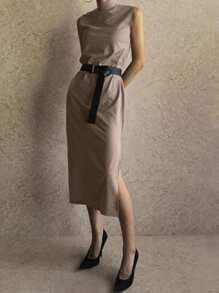 DAZY Women's High Neck Straight Slit Midi Dress - Khaki - View 1