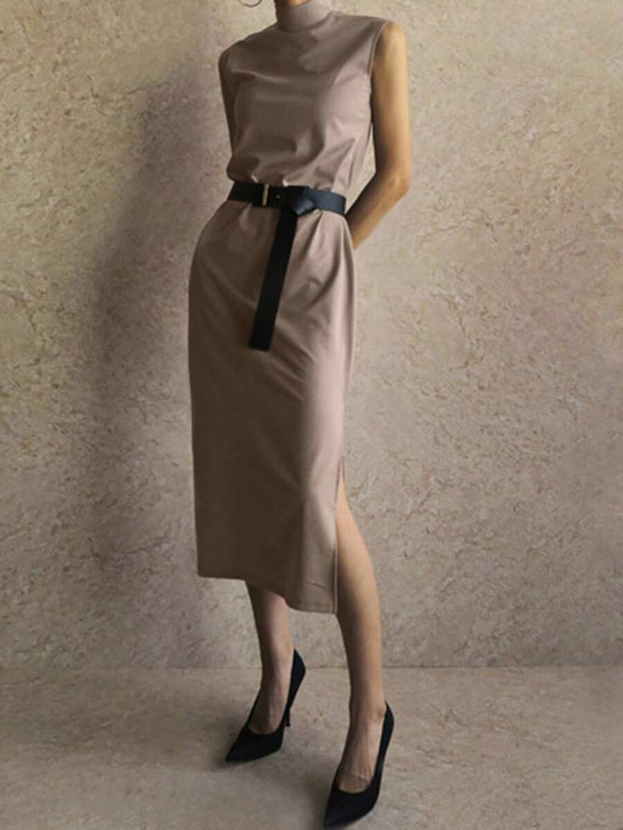 DAZY Women's High Neck Straight Slit Midi Dress - Khaki - View 1