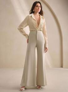 Anewsta Women's Elegant Embroidered Sheer Long Sleeve Blouse - Khaki - View 4