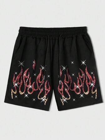 Street Life Pantalones cortos deportivos casuales de marca con estampado de llamas negras para hombres