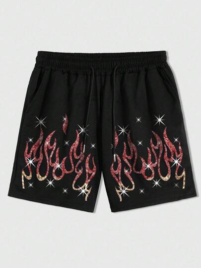 Street Life Pantaloncini sportivi casual da uomo con stampa a fiamma nera del marchio