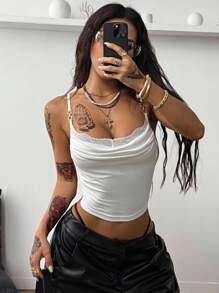 Coolane Áo ba lỗ cổ yếm ren họa tiết kim loại thường ngày phong cách Hippie dạo phố mùa hè dành cho nữ - trắng - Xem 4