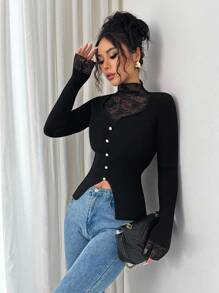 Selianne 女式优雅修身立领蕾丝拼布纯色毛衣针织套头衫秋冬 - 黑色 - 查看 3