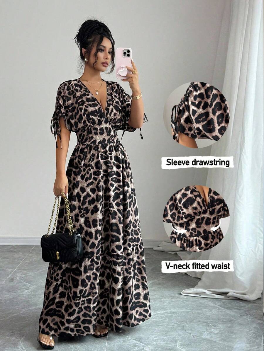 Elenzga Women's V-Neck Cinched Waist Leopard Print Flared Mid-Sleeve Long Dress - Khaki - View 1