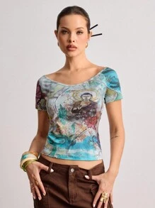 ROMWE Avant 中国风佛像印花露肩女式T恤