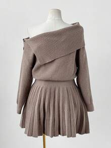 Sunspun Autumn/Winter Fashion Asymmetric Off-Shoulder Solid Color Waist Pleated Dress Fall Cloth For Women - Maroon - View 2