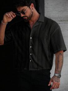 Manfinity Homme Men's Summer Solid Color Short Sleeve Single-Breasted Casual Commuter Shirt - Black - View 5