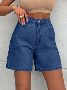 EURMUSE 100%Cotton LIGHT WASH HIGH WAIST SHORT - Teal Blue - View 5