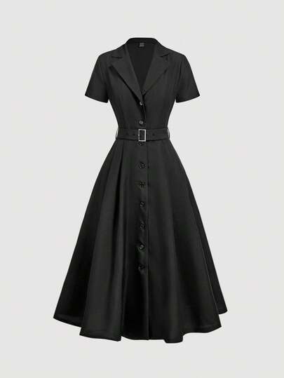 SHEIN MOD 休闲优雅女式翻领纯色短袖单排扣连衣裙，办公室穿着