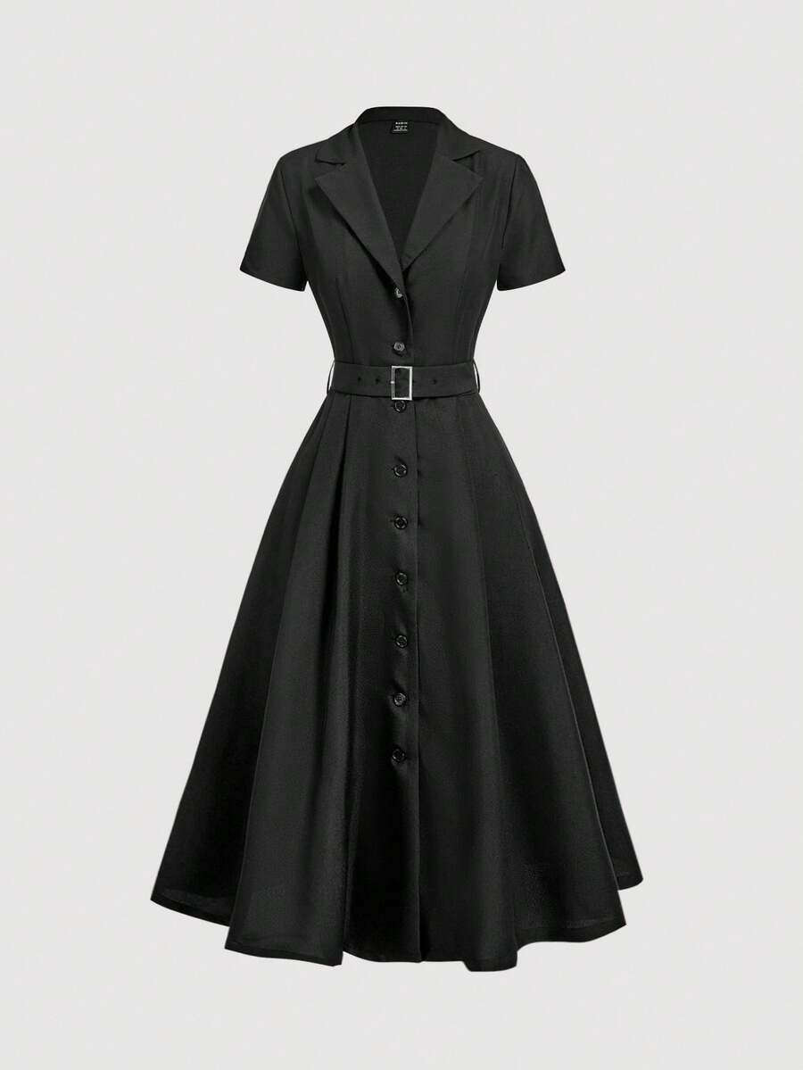 SHEIN MOD 休闲优雅女式翻领纯色短袖单排扣连衣裙,办公室穿着 - 黑色 - 查看 1