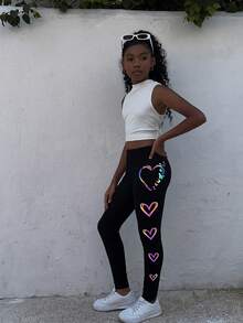 Young Girl Casual Street Chic Fitted Glow-In-The-Dark Heart Print Leggings Fall Winter