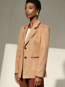 Aveloria Modichic Áo khoác blazer rộng rãi bằng nhung hươu và da giả có ve vá dành cho nữ - Màu Khaki - Xem 5