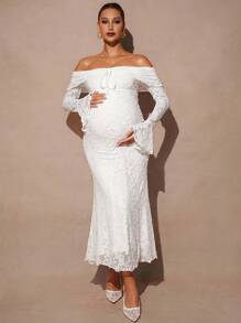 MaterniChic Maternity White Dress Autumn And Winter Maternity Solid Color Off Shoulder Flare Sleeve Lace Fitted Long Dress
