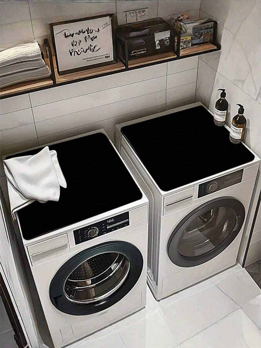1pc Solid Black Printed Laundry Mat, Non-Slip & Waterproof Washhouse Decor, Vintage Pattern Floor Mat For Laundry Room, Kitchen, Bathroom - Black - View 1