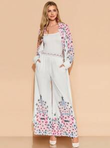 Amorya Women's Long Shacket, White & Pink Textured Fabric, Long Sleeve, Wide Leg Pants, Loose & Elegant Daily Wear, Spring/Summer, Autumn 2-Piece Set Teacher Outfits For Women