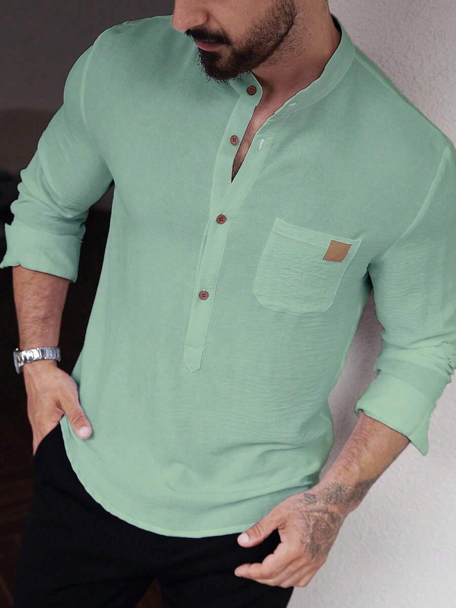 Manfinity Homme Men's Half Placket Long Sleeve Casual Shirt With Pockets, For Fall - Green - View 1