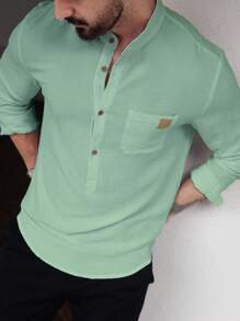 Manfinity Homme Men's Half Placket Long Sleeve Casual Shirt With Pockets, For Fall - Green - View 3