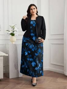 Modelyn 2件組大尺碼女款素色長袖外套與花卉印花無袖洋裝套裝，秋季兩件套 - 藍色 - 查看 1