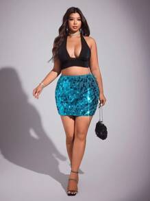 Viva Relle Jupe mini élégante et de haute qualité, ajustée et ornée de sequins, pour femmes de grande taille, bleue - Bleu azur - Voir 6
