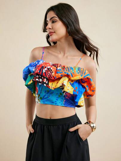 SHAQUITA GARCIA Blusa elegante sin mangas con dobladillo con volantes y estampado multicolor de pespunte