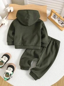 2 Stücke/Set Baby Jungen süßer militärgrüner Kapuzenpullover mit Taschen und Hose mit Gummibund, Herbst/Winter