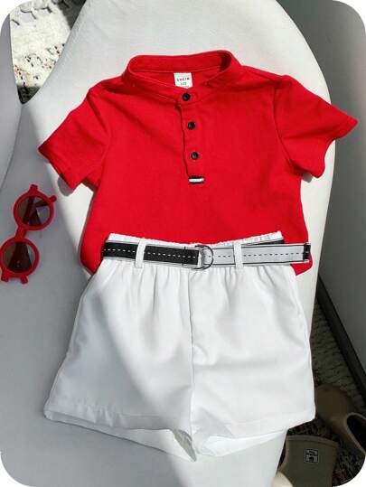 3pcs/Set Toddler Boy Knit Polo Shirt, Tee And Shorts Outfit, Red Short Sleeve Shirt, Knit Top And White Shorts With Belt, Comfortable Casual Chic Daily Wear, Suitable For Spring, Summer, Autumn, Winter, Indoor, Outdoor, Daily, Sports, Party, Photo Shoot, Festival, Streetwear, Back To School, Christmas, New Year Dress Up Boys Short Set