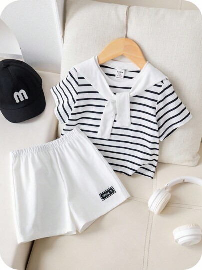 SHEIN 3pcs/Set Baby Boy & Girl Cute Striped Short Sleeve Top, Elastic Waist Shorts And Shawl Set, Suitable For Birthday Party, Evening Party, Performance, Wedding, One-Month Celebration, Baptism And 1st Birthday Baby Shower, Summer Kids Clothes Boys Summer