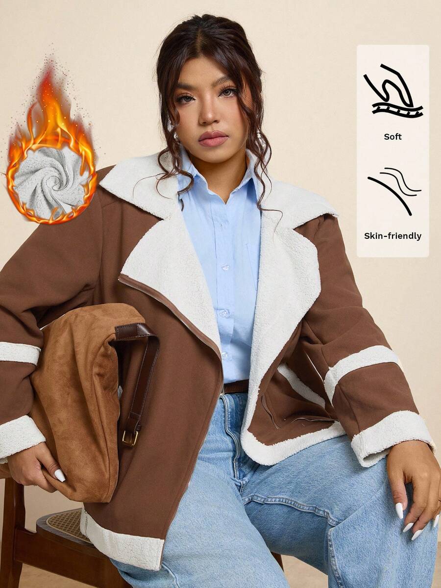 SHEIN LUNE Chaqueta de moto casual de talla grande con forro de piel sintética, para otoño/invierno - Caqui - Ver 1