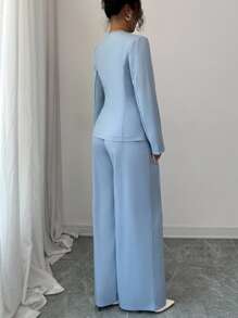 Elenzga 女士纯色单排扣长袖夹克和阔腿裤休闲两件套 - 藍色 - 查看 2