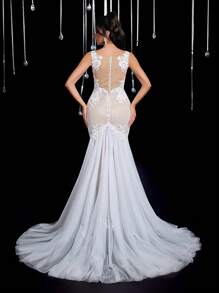 Glamrae Váy maxi đuôi cá hở lưng gợi cảm thêu ren sequin sang trọng thanh lịch có đuôi váy, thích hợp cho đám cưới, tiệc tùng, tuần trăng mật - Màu be - Xem 3