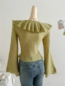 Soleia Áo cánh dài tay viền bèo nhún thời trang dành cho nữ Áo bèo nhún Áo cánh dài tay bèo nhún dành cho nữ - Màu xanh Ô liu - Xem 2