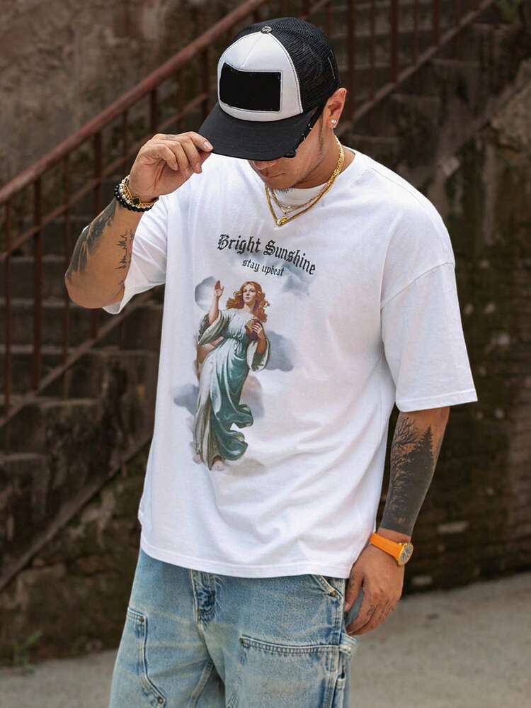 Men's White T-Shirt With Graphic & Letter Print, Summer