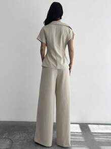 Firerie 女士休闲简约通勤时尚新款不对称露肩双排扣短袖薄款西装外套和高腰阔腿长裤杏色两件套，女士夏季办公室服装，毕业礼服，毕业，女士教师服装，秋冬返校 - 杏色 - 查看 8