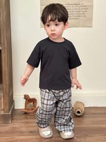Hapijoa 2pcs Toddler Boys' Casual Solid Color Round Neck T-Shirt And Plaid Loose Fit Pants Pajama Set - Navy Blue - View 5